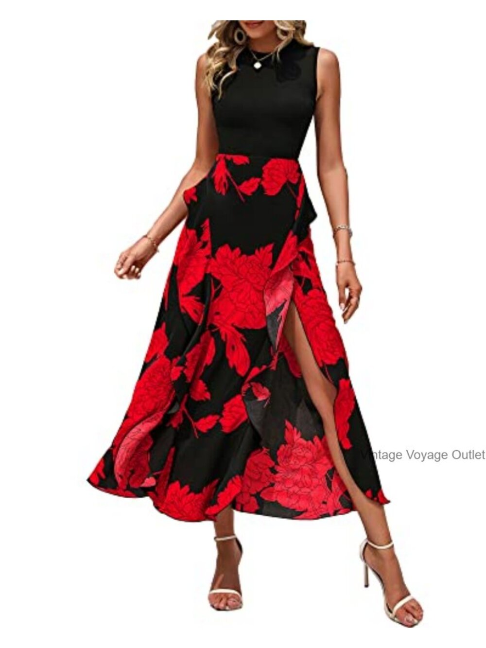 Boho Floral Midi Dress Sleeveless Ruffle A-Line Wedding Guest